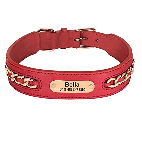 Personalisiertes Hundehalsband Aus Leder Für Große Hunde ID-Halsband Mit Eingraviertem Namen Für Kleine Mittelgroße Hunde Metalldesign,Rot,L von VEKETE