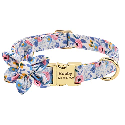 Personalisiertes Hundehalsband Bedrucktes Individuelles Haustierhalsband Für Kleine Mittelgroße Hunde Gravierte Halsbänder Blumen-Hundezubehör,145BLAU,L von VEKETE