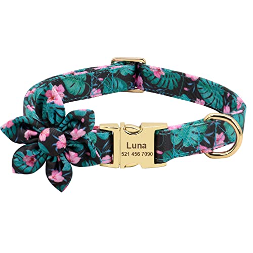 Personalisiertes Hundehalsband Bedrucktes Individuelles Haustierhalsband Für Kleine Mittelgroße Hunde Gravierte Halsbänder Blumen-Hundezubehör,145GRÜN,M von VEKETE