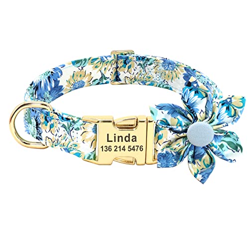 Personalisiertes Hundehalsband Bedrucktes Individuelles Haustierhalsband Für Kleine Mittelgroße Hunde Gravierte Halsbänder Blumen-Hundezubehör,157BLAU,M von VEKETE