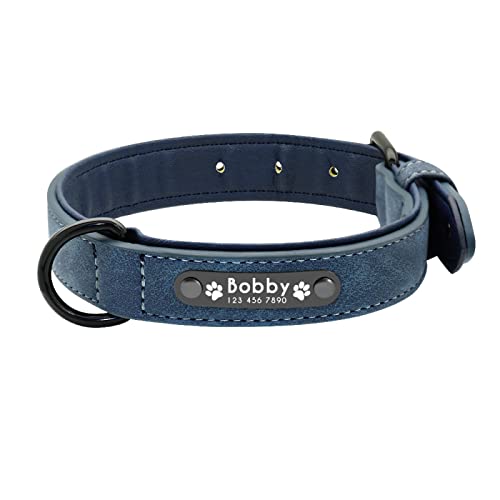 Personalisiertes Hundehalsband Benutzerdefinierte Leder-Hundehalsbänder Inneres Gepolstertes Haustier-ID-Halsband Für Kleine Mittelgroße Hunde Pitbull Bulldog,Blue,XXL von VEKETE