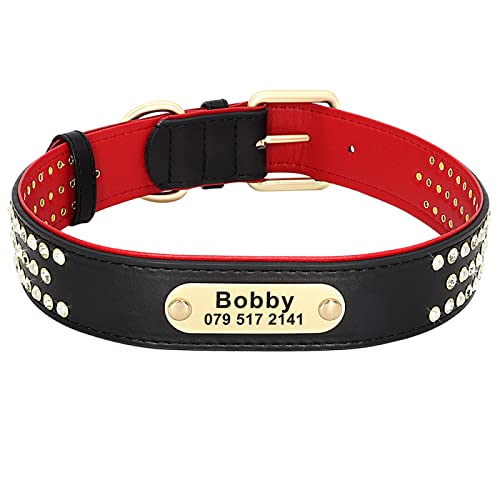 Personalisiertes Hundehalsband Bling Strass Custom Leder Hundehalskette Gravierte Hundehalsbänder Mit Namensschild FrenchBull Halsband,Schwarz,S von VEKETE