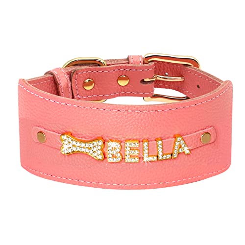 Personalisiertes Hundehalsband Bling Strass Leder Haustierhalsband Für Kleine Mittelgroße Hunde Windhund Breite Benutzerdefinierte Halskette Namensanhänger,Rosa,M von VEKETE