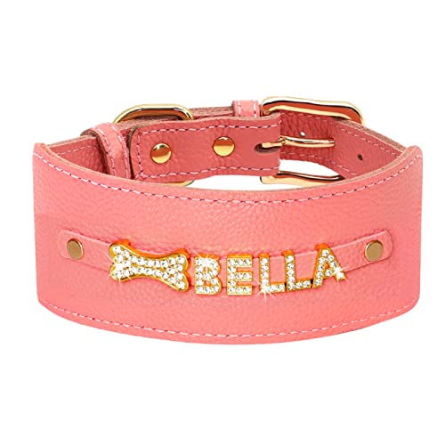 Personalisiertes Hundehalsband Bling Strass Leder Haustierhalsband Für Kleine Mittelgroße Hunde Windhund Breite Benutzerdefinierte Halskette Namensanhänger,Rosa,M von VEKETE