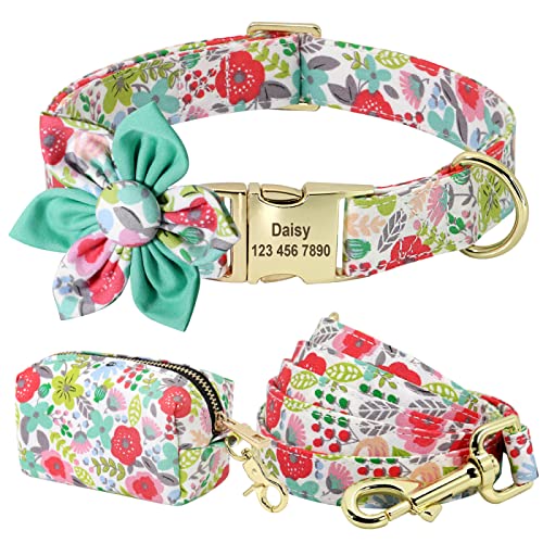 Personalisiertes Hundehalsband-Kotbeutel-Set Bedruckte Nylon-Hundehalsbänder Mit Blumengravur Für Kleine Und Mittelgroße Hunde,167 Grün,XS von VEKETE