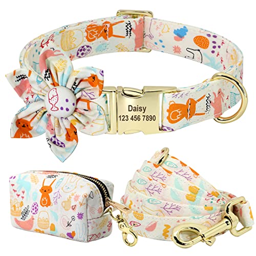 Personalisiertes Hundehalsband-Kotbeutel-Set Bedruckte Nylon-Hundehalsbänder Mit Blumengravur Für Kleine Und Mittelgroße Hunde,167 Weiß,L von VEKETE