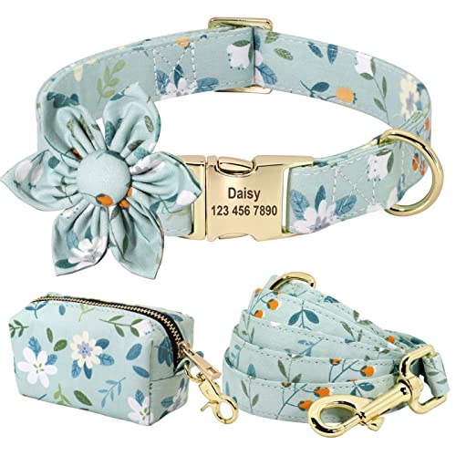 Personalisiertes Hundehalsband-Kotbeutel-Set Bedruckte Nylon-Hundehalsbänder Mit Blumengravur Für Kleine Und Mittelgroße Hunde,168 Grün,S von VEKETE