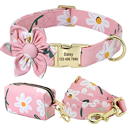 Personalisiertes Hundehalsband-Kotbeutel-Set Bedruckte Nylon-Hundehalsbänder Mit Blumengravur Für Kleine Und Mittelgroße Hunde,168 Rosa,L von VEKETE