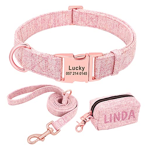 Personalisiertes Hundehalsband-Leine-Set,Benutzerdefinierte Haustier-Poop-Tasche Für Kleine,Mittelgroße Hunde,Outdoor-Welpen,Müllsäcke,Heimtierbedarf,Mops,Rosa,M von VEKETE