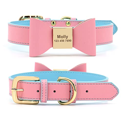 Personalisiertes Hundehalsband Personalisiertes Leder-Haustier-ID-Namenshalsband Mit Bowknot-Gravur Für Kleine Mittelgroße Hunde Katzen Heimtierbedarf,Rosa,S von VEKETE