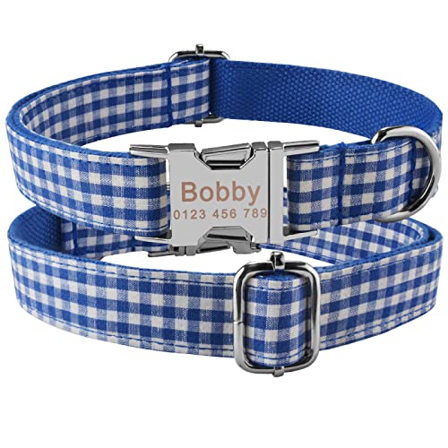 Personalisiertes Hundehalsband Produkt Hundehalsbänder Individuell Graviertes Namenshalsband Kleines Großes Nylon Plaid Junge Mädchen Unisex Hundehalsband,Blue,M von VEKETE
