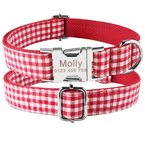 Personalisiertes Hundehalsband Produkt Hundehalsbänder Individuell Graviertes Namenshalsband Kleines Großes Nylon Plaid Junge Mädchen Unisex Hundehalsband,Rot,S von VEKETE