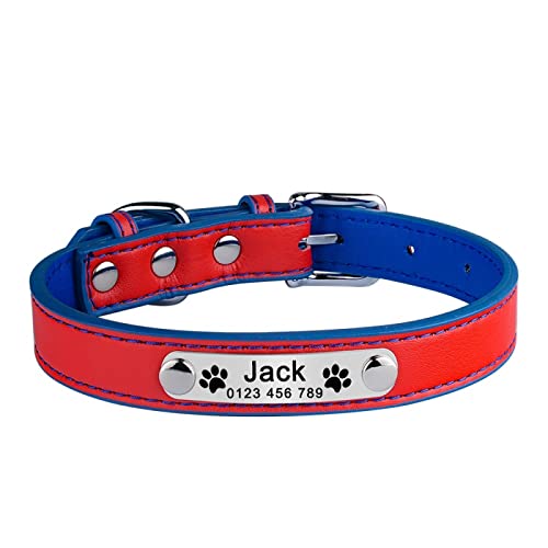 Personalisiertes Leder Hundehalsband Katzenhalsband Verstellbares Leder Custom Hundehalsband Medium Large Unisex Pet Collar ID Tag,Rot,XS (22cm-28cm) von VEKETE