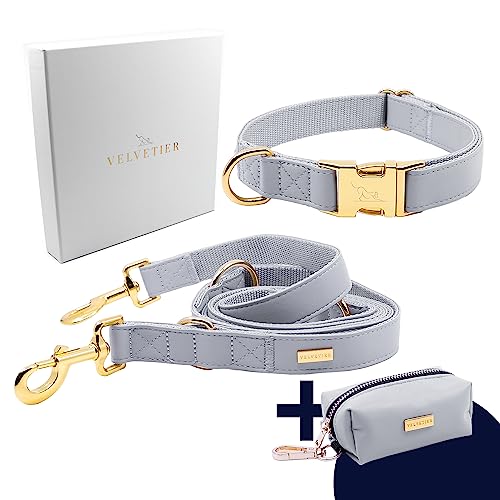 VELVETIER® Manhattan | Halsband Hund im Set mit Leine & Beutelspender | Veganes Leder | Hunde Halsbänder, Hundehalsband | Hundeleine 2m, Hundeleine mit Halsband (S/M: 29 - 40cm) von VELVETIER