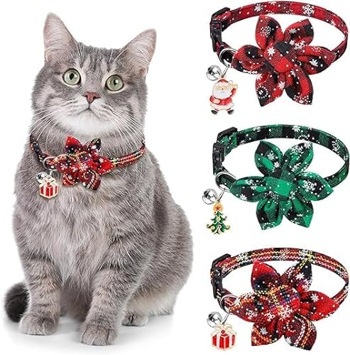 3 Pack Weihnachten Katze Halsbänder, Weihnachten Blume Kätzchen Halsbänder mit verstellbaren Breakaway Fliege Glocke Plaid Schneeflocke Xmas Haustier Zubehör von VEPOWER