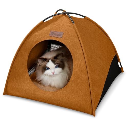 VERABE Ganzjahres-Katzenzelt für Indoor/Outdoor, Montagefreies wasserdichtes Katzenhausbett mit abnehmbarem Kissen, gemütliche Höhle für Katzen & kleine Hunde (Medium, Gelbbraun) von VERABE