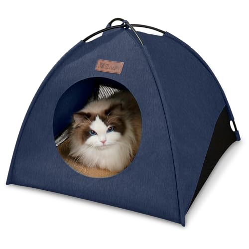 VERABE Ganzjahres-Katzenzelt für Indoor/Outdoor, Montagefreies wasserdichtes Katzenhausbett mit abnehmbarem Kissen, gemütliche Höhle für Katzen & kleine Hunde (klein, blau) von VERABE