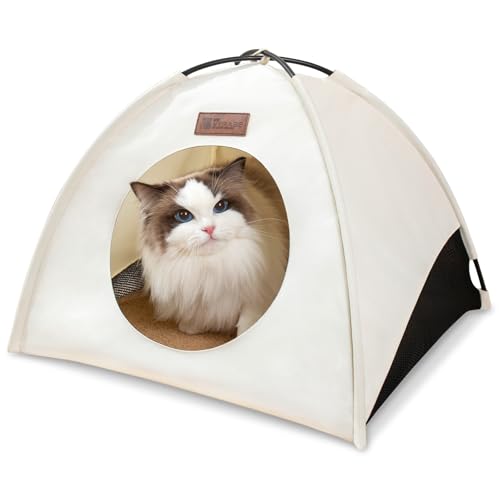 VERABE Ganzjahres-Katzenzelt für den Innen- und Außenbereich, montagefreies wasserdichtes Katzenhausbett mit abnehmbarem Kissen, gemütliche Höhle für Katzen und kleine Hunde (Medium, Weiß) von VERABE
