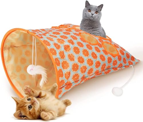 Cat Tunnel Bag, Crinkle Paper Collapsible Cat Drill Sleeping Bag with Mouse Toy, 2024 New Pet Cat Play Tunnel Toy, Cat Tunnel Bag Toy, Cat Self Interactive Toys with Plush Ball (Orange) von VERBANA