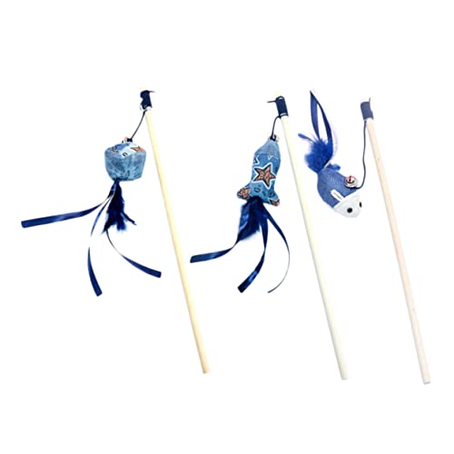 VERDANVERSE 3 Stück Teiliges Interaktives Katzenspielzeug mit Holzstab und Blauen Stoffpuppen Anhängern Fisch Maus Rechteck Langlebiges Holzspielzeug zur Selbstbeschäftigung für Katzen und von VERDANVERSE