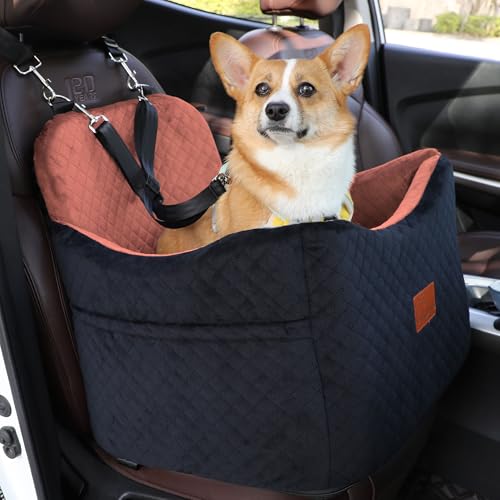 Hunde-Autositz für kleine und mittelgroße Hunde, Haustier-Sitzerhöhung mit Geschirr, Memory-Schaum und Samt, sichere, bequeme Auto-Tragetasche, innen erhöht, waschbar und abnehmbar von VERGODPRO