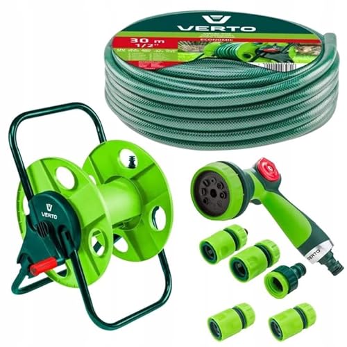 VERTO Schlauchtrommel + Gartenschlauch 30m + Wasserspritze + 3 x Schlauchverbinder, Wasserstop, Hahnverbinder - Gartenbewässerung Komplettes Starterset von VERTO