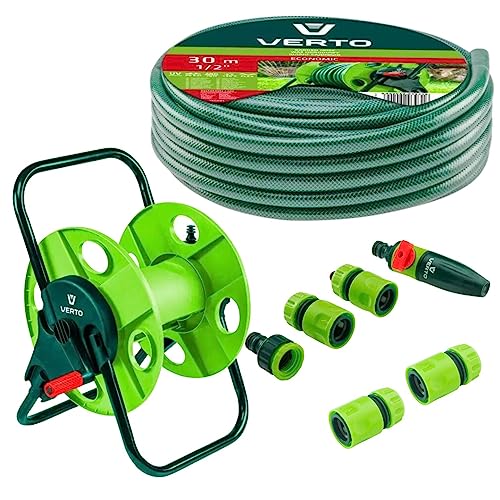 VERTO Schlauchtrommel + Gartenschlauch 30m + Wasserspritze + 3 x Schlauchverbinder, Wasserstop, Hahnverbinder - Gartenbewässerung Komplettes Starterset von VERTO