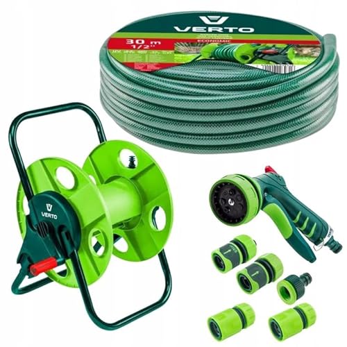 VERTO Schlauchtrommel + Gartenschlauch 30m + Wasserspritze + 3 x Schlauchverbinder, Wasserstop, Hahnverbinder - Gartenbewässerung Komplettes Starterset von VERTO