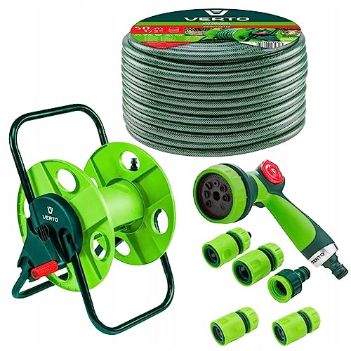 VERTO Schlauchtrommel + Gartenschlauch 50m + Wasserspritze + 3 x Schlauchverbinder, Wasserstop, Hahnverbinder - Gartenbewässerung Komplettes Starterset von VERTO