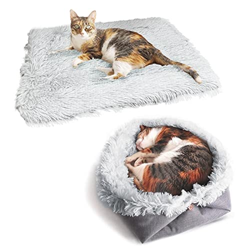 VERTUPET Katzenbett Flauschig 2 in 1 Plüsch Weich Katzenkissen Waschbar Schlafplatz Katzensofa, Haustierbett Hundebett Katzendecke für Katze und Kleine Hunde (Grau) von VERTUPET