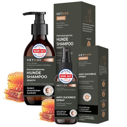 VETDOK® Dr. Winkler Dermatologisches Anti Juckreiz Set, Medizinisch basierte Wirkstoffe Chlorhexidin & Manuka Honig, Hundeshampoo 250ml und Anti Juckreiz Spray 75ml vom Tierarzt entwickelt von VETDOK
