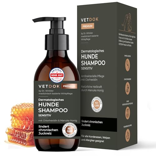 Vet DOK® Dr. Winkler dermatologisches Hundeshampoo sensitiv gegen Juckreiz & Geruch – Fellpflege Hund mit Manuka-Honig & Chlorhexidin – für alle Hunderassen, Welpen & speziell Allergiker – 250ml von VETDOK