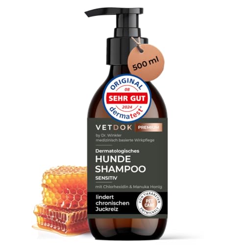 Vet DOK® Dr. Winkler dermatologisches Hundeshampoo sensitiv gegen Juckreiz & Geruch – Fellpflege Hund mit Manuka-Honig & Chlorhexidin – Rückfettend - alle Hunderassen, Welpen & speziell Allergiker von VETDOK