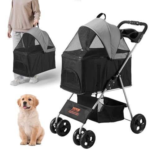 VEVOR Hundebuggy 79x46x102cm Hundewagen 16kg Tragfähigkeit Faltbar Hundetrolley Aluminium-Rahmen 600D Oxford-Gewebe Nylon-Netzfenster 4 Eva-Räder Hundebox Tierbuggy Katzenbuggy Haustier Transport von VEVOR