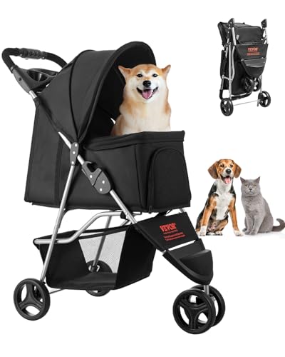VEVOR Hundewagen, Tragkraft 16 kg, faltbarer Tierbuggy, Katzenwagen mit 3 Rädern, Netzfenstern & Getränkehaltern, Hundebuggy mit Bremse, für kleine bis mittelgroße Haustiere von VEVOR