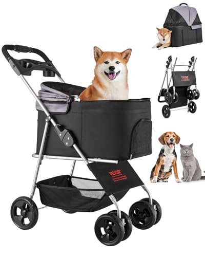 VEVOR Hundewagen 81x46x97 cm, 16,9 kg Tragkraft, Faltbarer Hundebuggy, 4-Rad-Buggy mit Abnehmbarer Trage und Netzfenstern, tragbarer Haustier-Buggy mit Bremse für kleine bis mittelgroße Haustiere von VEVOR