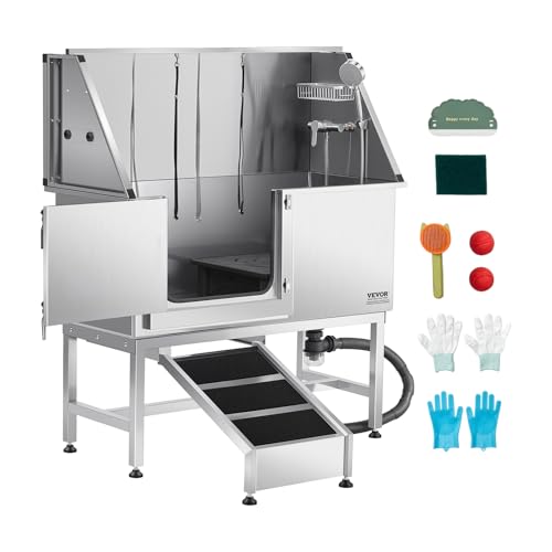 VEVOR Hundewaschstation Edelstahl, 1270x580x1495 mm Tierpflegewanne mit Rampe, PE-Wasserfilterplatte, Wasserhahn, Duschkopf & Seifenhalter, für große, mittelgroße & kleine Haustiere (Linke Tür) von VEVOR