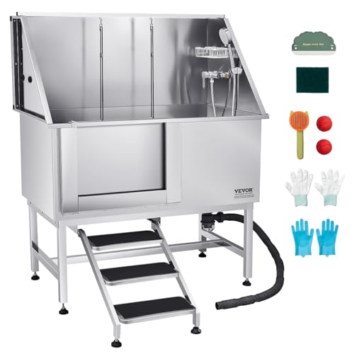 VEVOR Hundewaschstation Edelstahl, 1270x700x1545 mm Tierpflegewanne mit Treppe, PE-Wasserfilterplatte, Wasserhahn, Duschkopf & Seifenhalter, für große, mittelgroße & kleine Haustiere (Linke Tür) von VEVOR