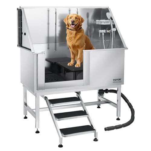 VEVOR Hundewaschstation Edelstahl, 1270x700x1545mm Tierpflegewanne mit Treppe, PE-Wasserfilterplatte, Wasserhahn, Duschkopf & Seifenhalter, für große, mittelgroße & kleine Haustiere (rechte Tür) von VEVOR