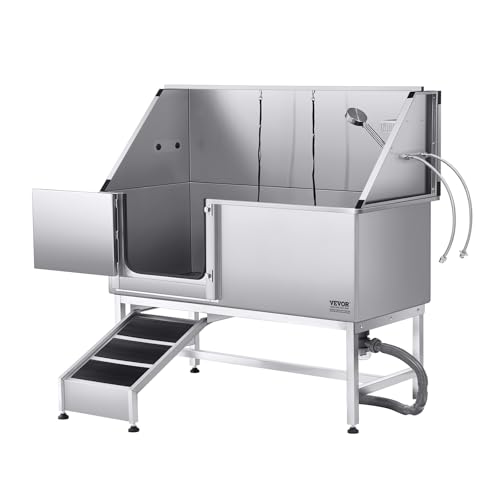 VEVOR Hundewaschstation Edelstahl, 1500x700x1495 mm Tierpflegewanne mit Rampe, PE-Wasserfilterplatte, Wasserhahn, Duschkopf & Seifenhalter, für große, mittelgroße & kleine Haustiere (Linke Tür) von VEVOR