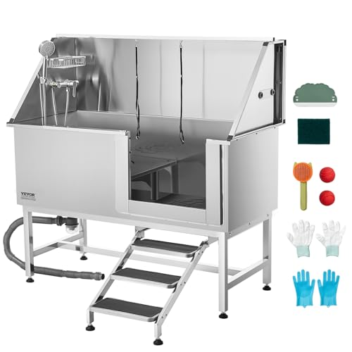 VEVOR Hundewaschstation Edelstahl, 1500x700x1495 mm Tierpflegewanne mit Treppe, PE-Wasserfilterplatte, Wasserhahn, Duschkopf & Seifenhalter, für große, mittelgroße & kleine Haustiere (rechte Tür) von VEVOR