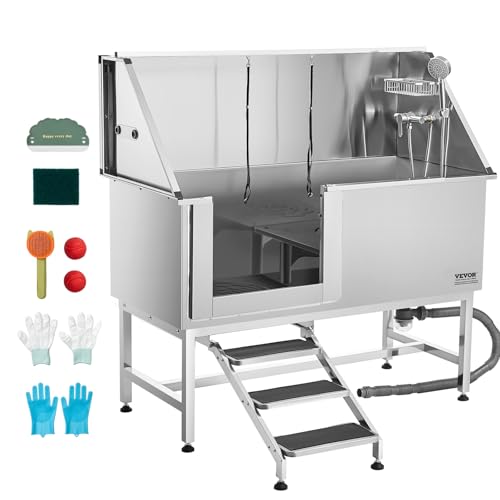 VEVOR Hundewaschstation Edelstahl, 1500x700x1495mm Tierpflegewanne mit Treppe, PE-Wasserfilterplatte, Wasserhahn, Duschkopf & Seifenhalter, für große, mittelgroße & kleine Haustiere (Linke Tür) von VEVOR