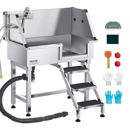 VEVOR Hundewaschstation aus Edelstahl, 870x488x1025 mm Tierpflegewanne mit Ablagetreppe, Wasserhahn, Duschkopf & Seifenhalter, Hundebadewanne, für mittelgroße & kleine Haustiere (rechte Tür) von VEVOR