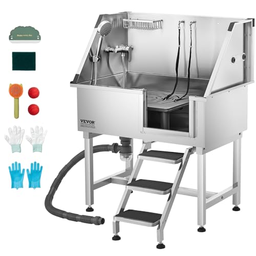VEVOR Hundewaschstation aus Edelstahl, 961x620x1220 mm Tierpflegewanne mit Ablagetreppe, Wasserhahn, Duschkopf & Seifenhalter, für große, mittelgroße & kleine Haustiere (rechte Tür) von VEVOR
