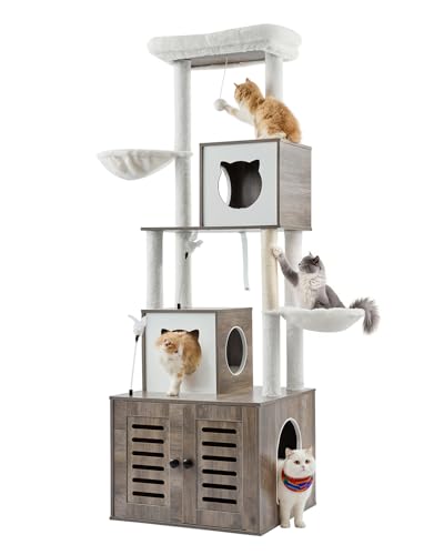 VEVOR Kratzbaum, 185 cm groß, 2-in-1-Katzenkletterturm mit Katzentoilettenmöbel, mehrstöckiges Katzenhaus mit Sitzstange, Sisal-Katzenbaum, Hängematte, Ruhehaus für Kätzchen im Innenbereich von VEVOR