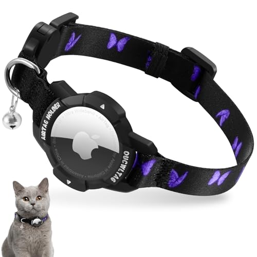 Katzenhalsband Airtag, Kätzchenhalsband mit Apple Airtag Hülle,Verstellbar Airtag Halsband Katze mit Sicherheitsverschluss & Elastischer (Lila, 18-26cm) von VEYALISE