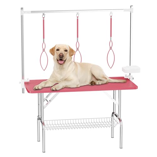 VFK Großer Fellpflegetisch für Hunde, 91,4 cm, faltbar, Haustierstation zu Hause, Hundepflegetisch, verstellbarer Katzentrocknungstisch mit Armen, Schlaufen, Netz-Tablett (Edelstahl-Tisch, 119,4 cm, von VFK