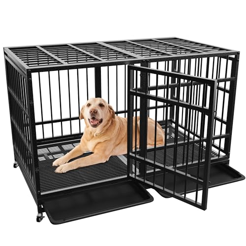 VGMiu 48 Zoll Heavy Duty Hundebox für große Hunde Unzerstörbarer Hundekäfig XL Hohe Angst mit Rädern Schlagausbruchsichere Hundebox Zwinger Indoor mit Schlössern und 2 abnehmbaren Tabletts von VGMiu