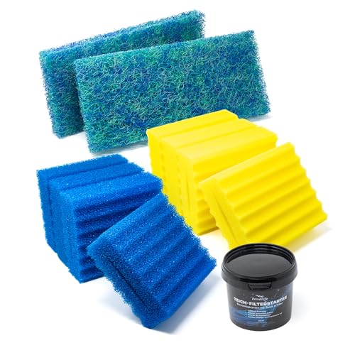 VIALIA 10er Set Ersatzteile für Kammerfilter CBF-350B und OTF 16000, 4 Blaue und 4 gelbe Schwämme, 22,5x20x8,5 cm, 2 Japanmatten, mit Pondovit Filterstarter von VIALIA
