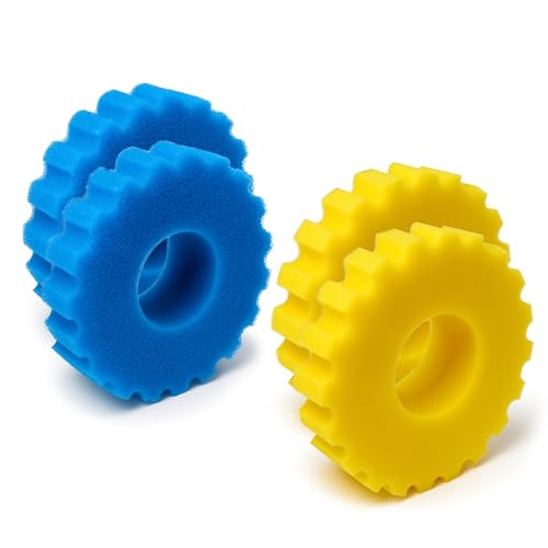 VIALIA 4 biologische Filterschwämme, Ersatzteil Set für Kammerfilter CPF-5000, 2 Blaue Grob- und 2 gelbe Feinschwämme, Ø 26 cm, hohe Wasserdurchlaufmenge, einfache Reinigung von VIALIA